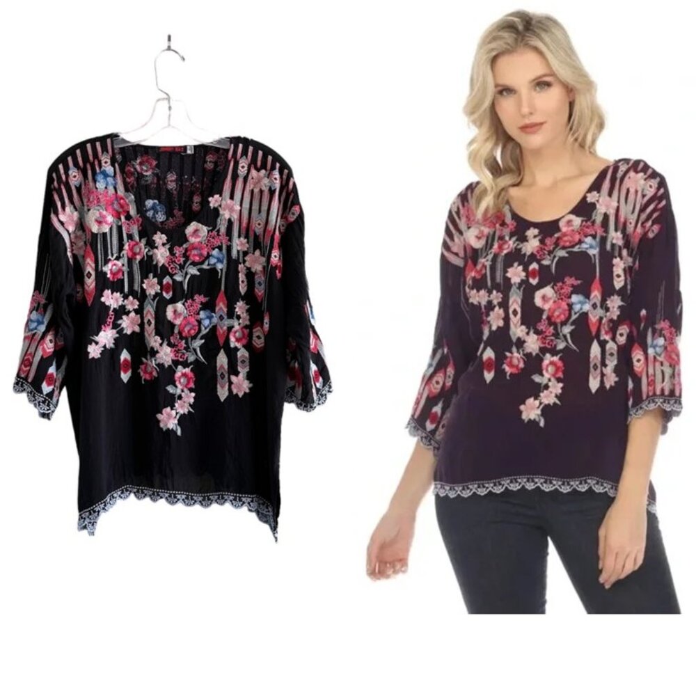 JOHNNY WAS Wendy Black Embroidered Scoop Neck Three Quarter Sleeve Top